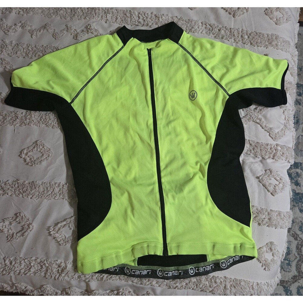 Canari Mens Large Full Zip Cycling Racing Jersey Neon Green Black Short Sleeve